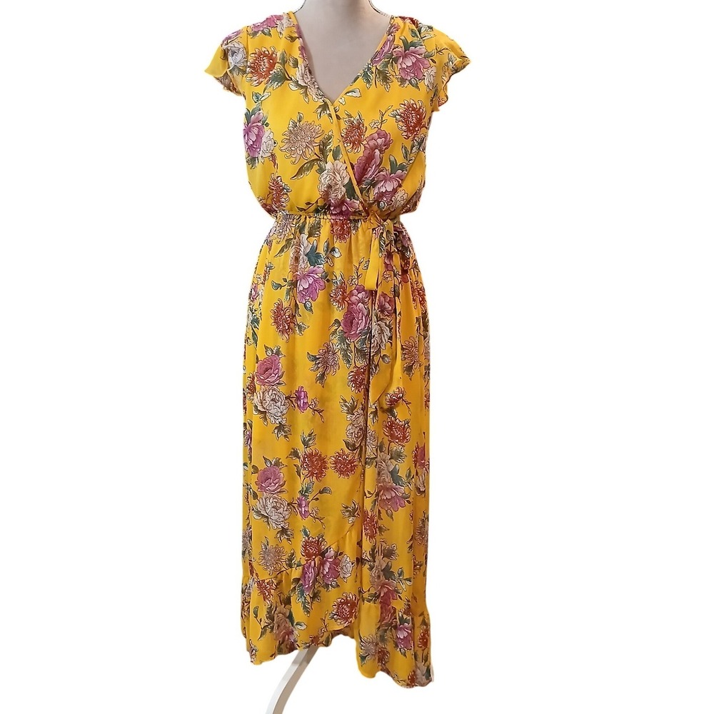 Band of Gypsies Yellow Floral Maxi Dress Flutter Sleeve Boho Wrap Skirt Medium